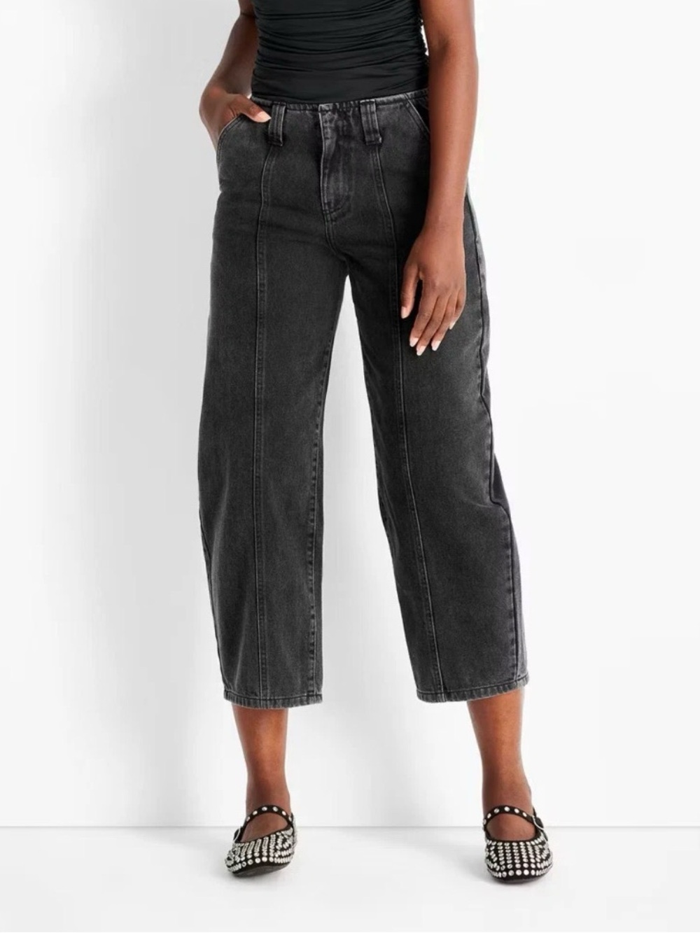 NWT Sz 6, Mid-Rise Barrel Leg Jeans - Future Collective, Black Wash, Women's